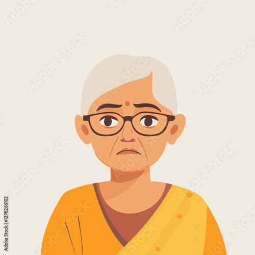 Vector illustration of an elderly woman in a yellow sari with glasses, conveying wisdom and experience, perfect for cultural themes.