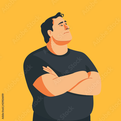 Vector Illustration of a Confident Man with Arms Crossed, Set Against a Bright Yellow Background - Ideal for Motivational Themes