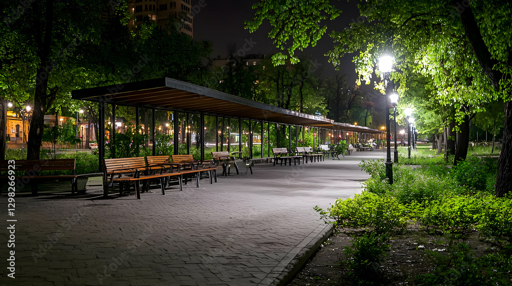 Nighttime Park Scene Featuring Illuminated Canopy Walkway Bench And Lush Greenery Nighttime Park Scene Featuring Illuminated Canopy Walkway Bench And Lush Greenery