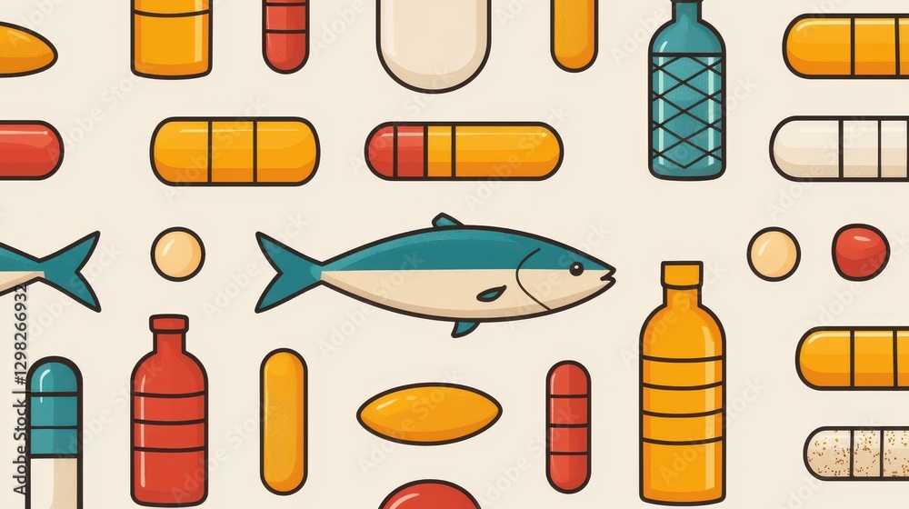 Colorful Illustrations of Supplements, Medicines, and Fish on a Cream Background in Flat Style Design Colorful Illustrations of Supplements, Medicines, and Fish on a Cream Background in Flat Style Design