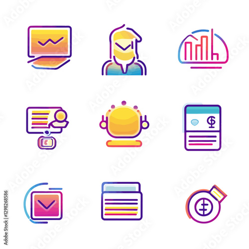 Gradient Business Icon Set: Analytics, Meeting, VR Headset and Financial