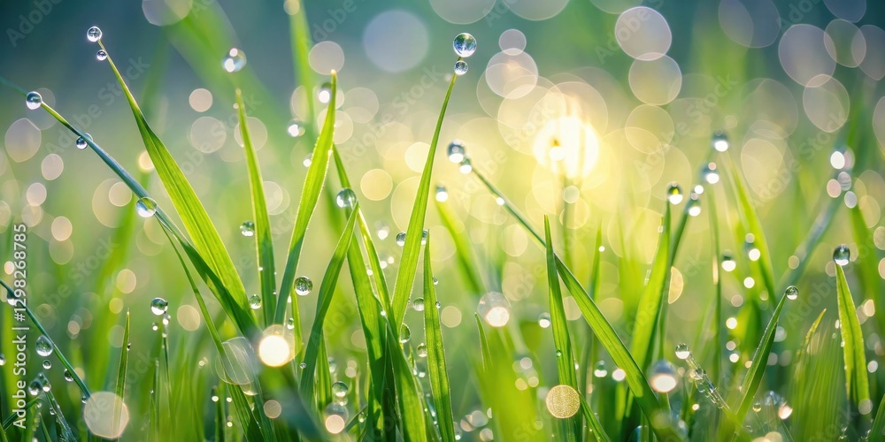 Fototapeta premium A vibrant closeup of dew-kissed blades of grass bathed in the soft glow of morning sunlight, creating a serene and refreshing natural scene.