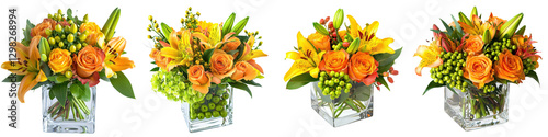 Assortment of Beautiful Colorful Floral Bouquet Arrangements in Glass Vases Displayed on a Wooden Table  Vibrant Elegant Floral Compositions with Various Flowers and Foliage