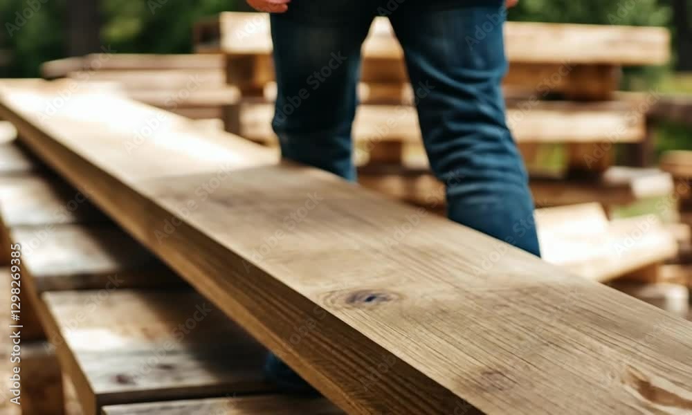 A close-up shot of a weathered wooden plank with someone standing in the background. A close-up shot of a weathered wooden plank with someone standing in the background.