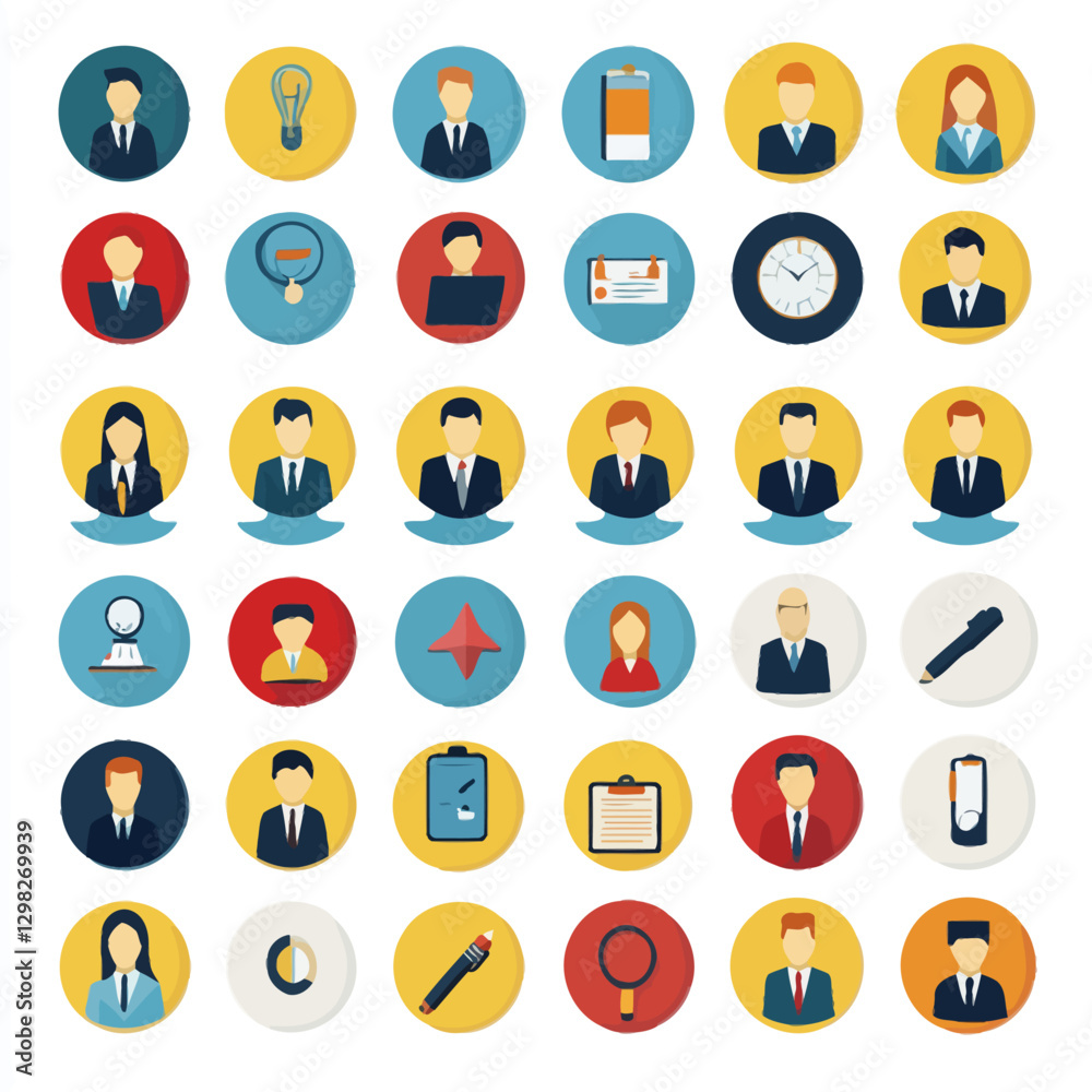Business icons flat design, lightbulb, clock, magnifying glass and people Business icons flat design, lightbulb, clock, magnifying glass and people
