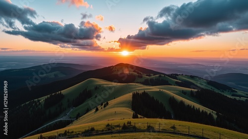 A serene sunset over lush, rolling hills.