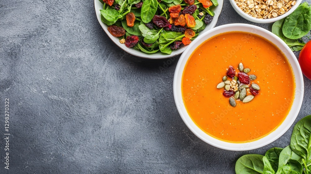 Fresh Healthy Soup with Mixed Salad and Oats on a Stylish Table Setting For a Wholesome Meal Experience Fresh Healthy Soup with Mixed Salad and Oats on a Stylish Table Setting For a Wholesome Meal Experience