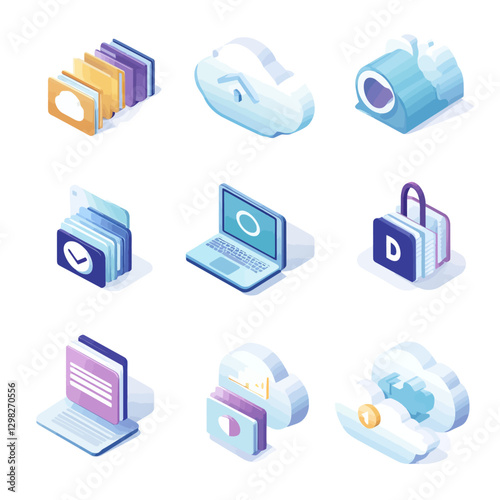Cloud Data Management: Isometric Illustrations of Digital Storage Solutions