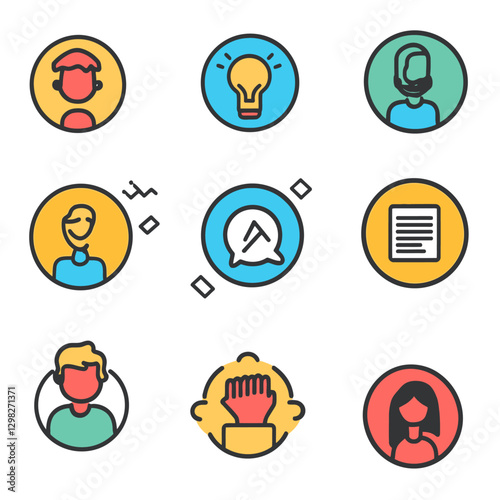 Set of diverse abstract avatars, lightbulb and document business icons