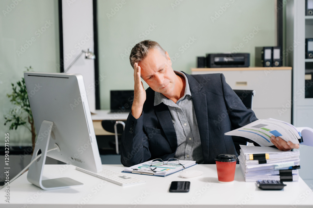Overworked young businessman office worker suffering from neck pain after had a long day at her office desk. Overworked young businessman office worker suffering from neck pain after had a long day at her office desk.