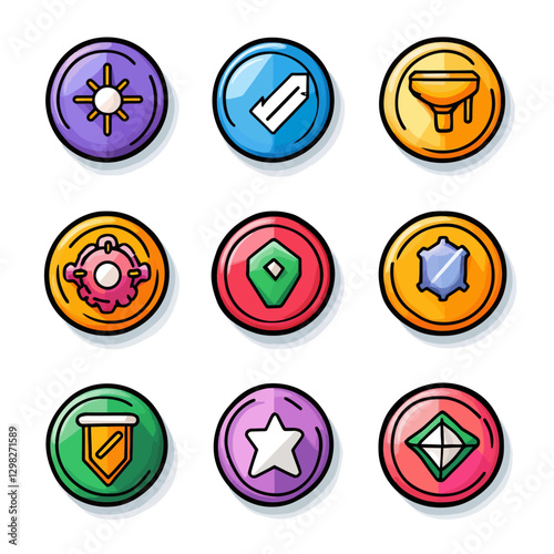 Collection of colorful flat gaming icon tokens and cartoon badges design
