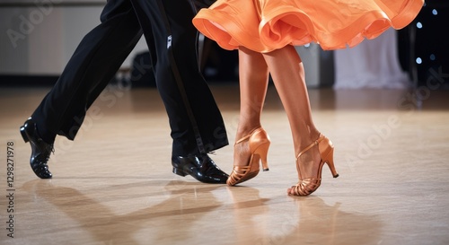 Couple dancing in ballroom; orange dress twirling, feet close-up