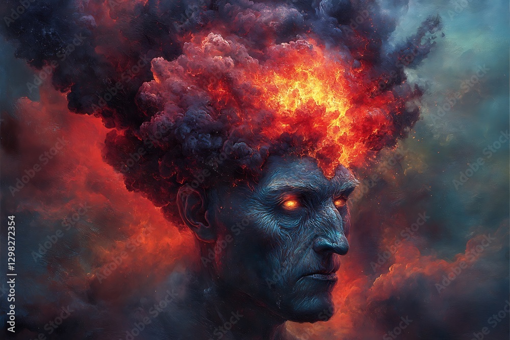 Fototapeta premium Infernal Head, fiery cloud, surreal landscape
