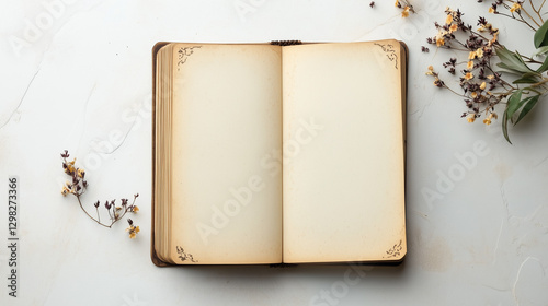 Open vintage notebook with blank aged pages, surrounded by dried flowers on a marble surface. Perfect for journaling, writing, and nostalgia themes.