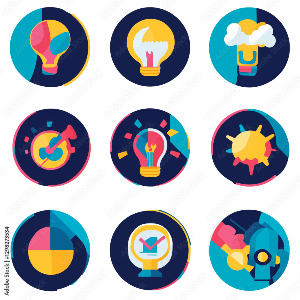 Colorful Icons Illustrating Business Ideas and Solutions in Circles