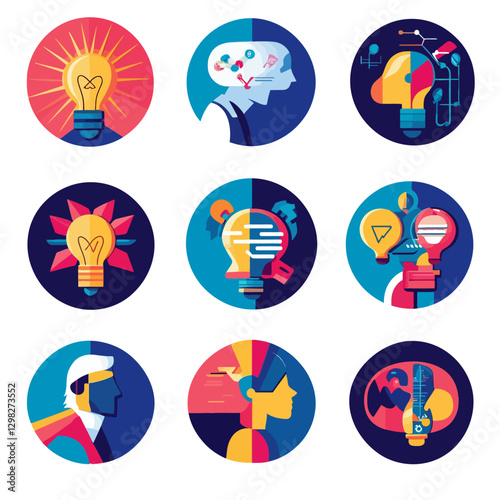 Creative abstract idea set with light bulbs and human profiles icons