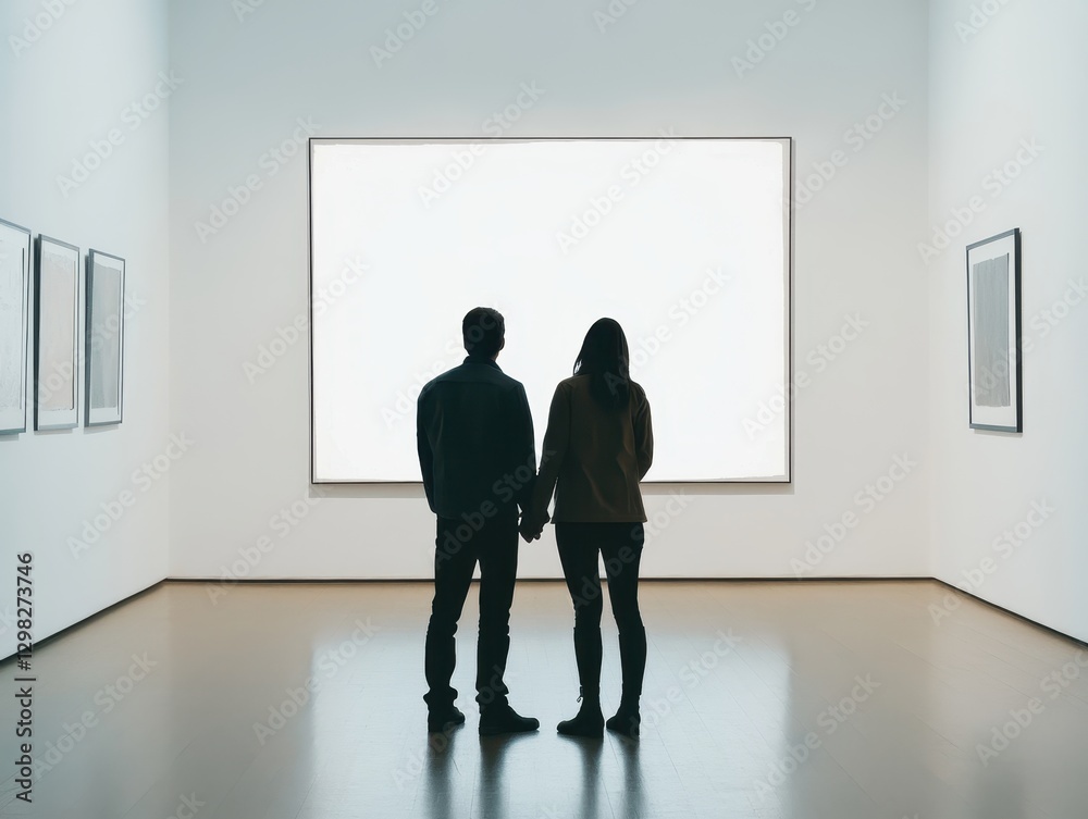 Obraz premium A couple stands hand-in-hand in an art gallery, gazing at a blank canvas, immersed in contemplation and connection.