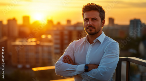 Confident man with crossed arms stands on rooftop at sunset, gazing optimistically at city skyline success is palpable