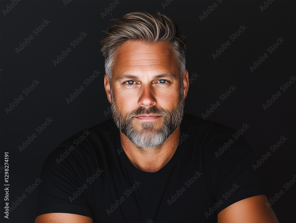 Naklejka premium Handsome male model wearing a black t-shirt, with gray hair, gazing at the camera confidently