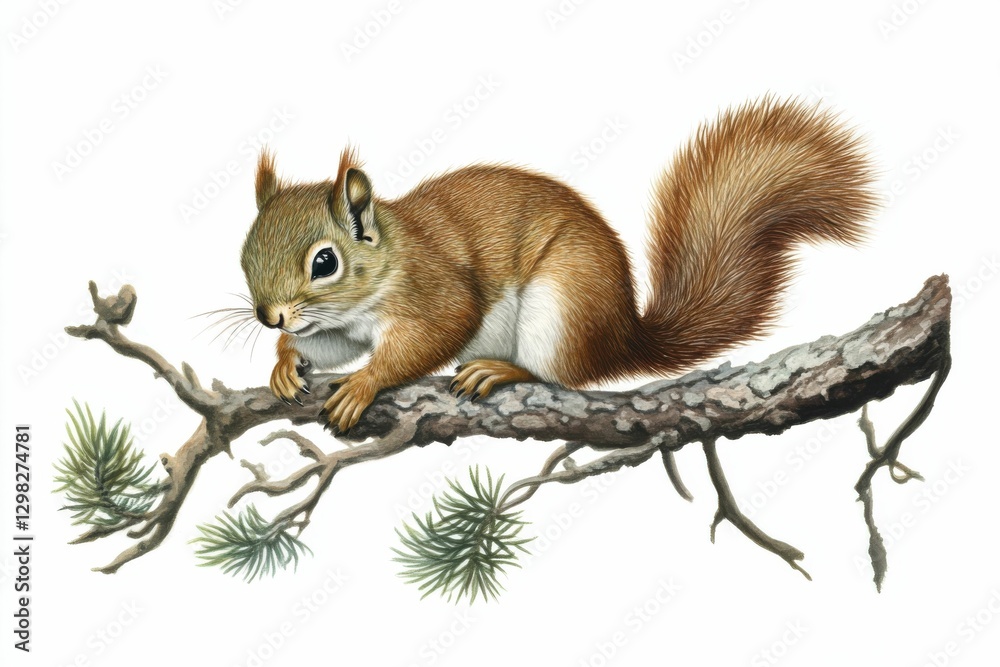 American Red Squirrel on Tree Branch. Cute Furry Rodent in Green Nature Habitat