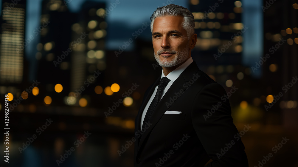 Senior business consultant in suit confidently looks ahead with silver hair, city lights glow, radiating success and experience Senior business consultant in suit confidently looks ahead with silver hair, city lights glow, radiating success and experience