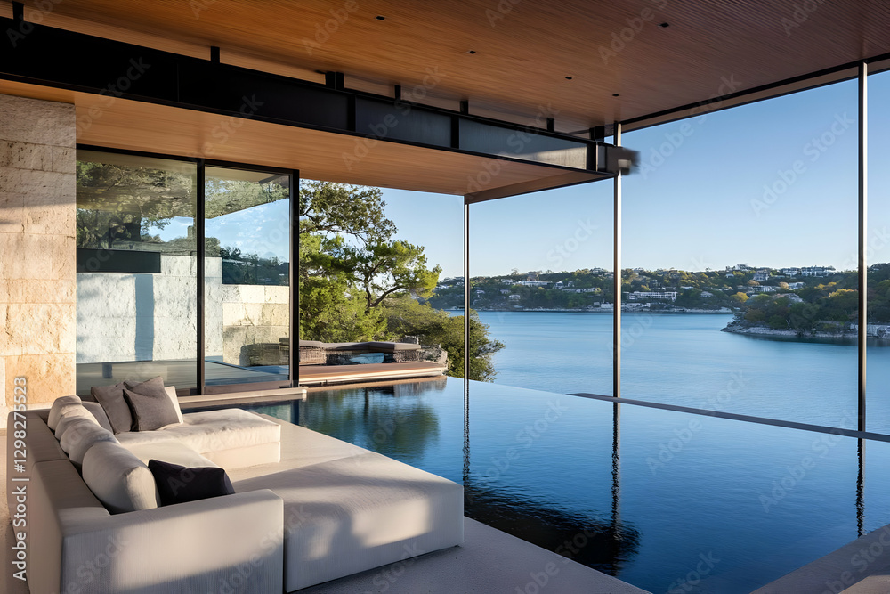 Fototapeta premium Luxury Lakeside Living Room Design