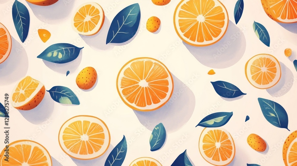 Sliced oranges and leaves pattern flat lay on a white background for food ads Sliced oranges and leaves pattern flat lay on a white background for food ads