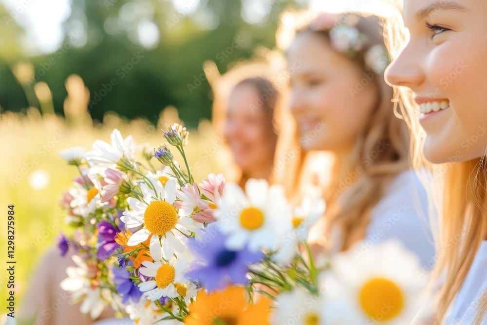 Obraz premium Happy Girls With Flower Bouquets In The Breeze