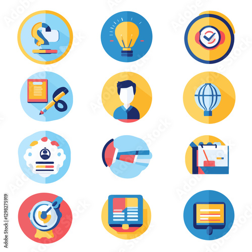 Business vector icons showcase finance, innovation, design and solutions.