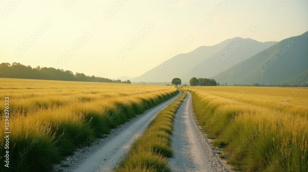 Fototapeta premium Serene Country Road Through Golden Fields at Sunset, Leading Towards Distant Mountains