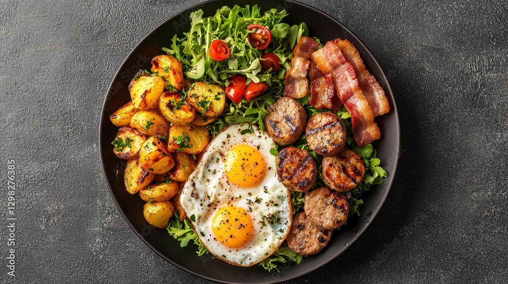 Delicious Breakfast Plate Featuring Fried Eggs, Crispy Bacon, Sausages, Roasted Potatoes, and Fresh Greens Delicious Breakfast Plate Featuring Fried Eggs, Crispy Bacon, Sausages, Roasted Potatoes, and Fresh Greens