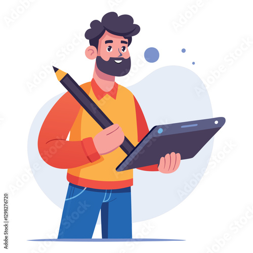 Digital art illustrator holding huge electronic pen, sketching and drawing. Professional illustrator. Flat modern illustration isolated vector image on white background 