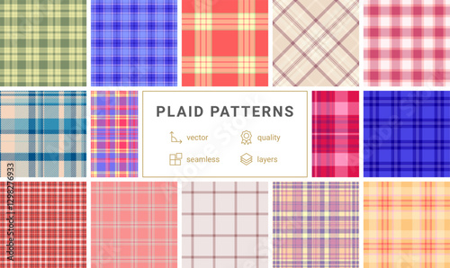 Plaid pattern set with rustic charm, ideal for textile materials, wallpaper, or shirt designs with a British-inspired aesthetic.