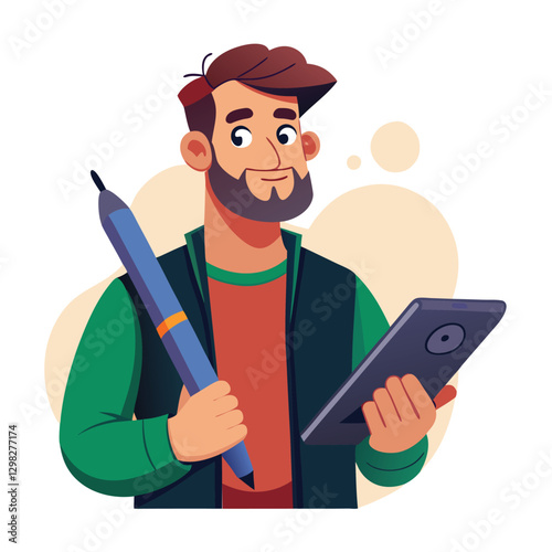 Digital art illustrator holding huge electronic pen, sketching and drawing. Professional illustrator. Flat modern illustration isolated vector image on white background 