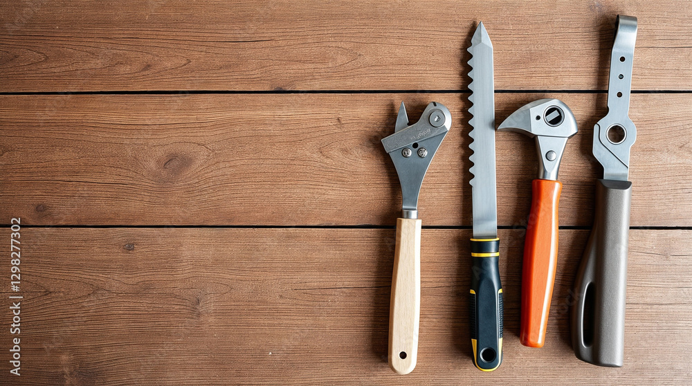 Set of tools on wooden background, top view, copy space, labor day Set of tools on wooden background, top view, copy space, labor day