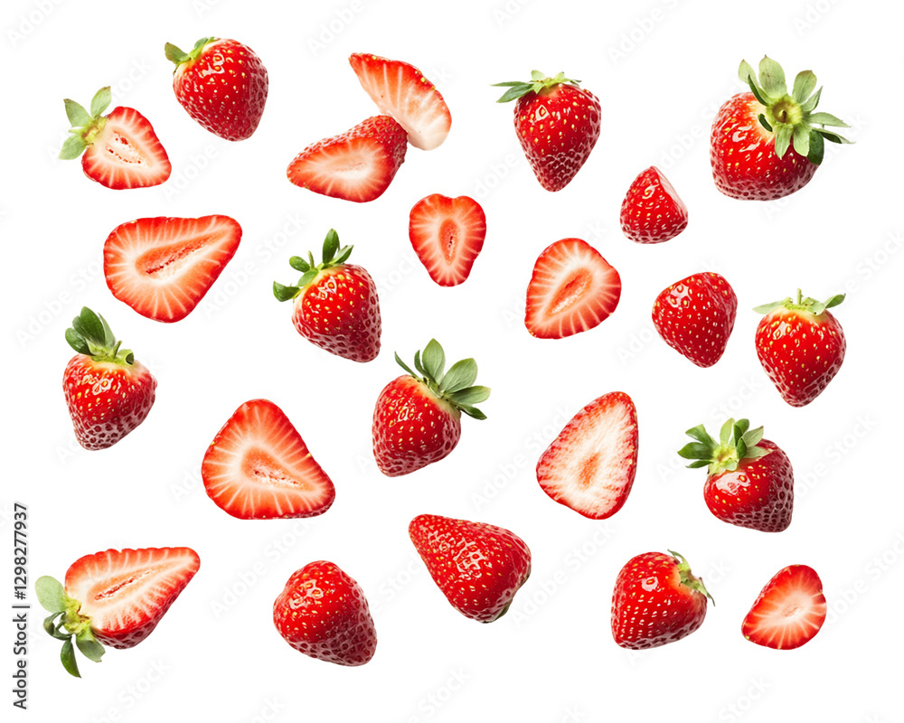 Fresh ripe red strawberries whole and sliced on a Transparent Background, PNG Fresh ripe red strawberries whole and sliced on a Transparent Background, PNG