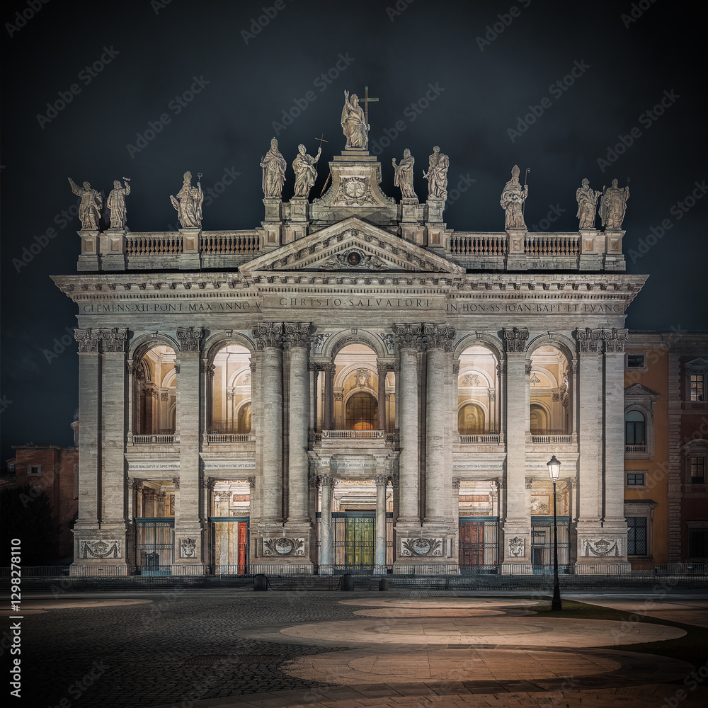 Obraz premium Basilica di San Giovanni in Laterano - Illuminated Facade at Night