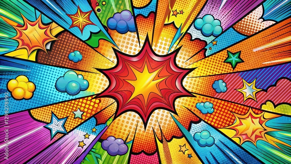 Fototapeta premium Vibrant Comic Book Style Explosion with Dynamic Starburst and Speech Bubbles Featuring a Multitude of Colors and Shapes, Perfect for Energetic and Exciting Designs