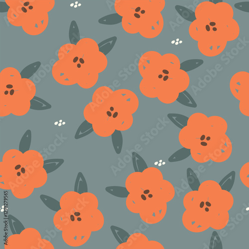 Seamless pattern with orange daisy flowers, leaves end dots. Floral illustration.	
