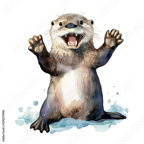 A cute, happy otter clip art, a watercolor illustration of a cartoon animal isolated on a white background.