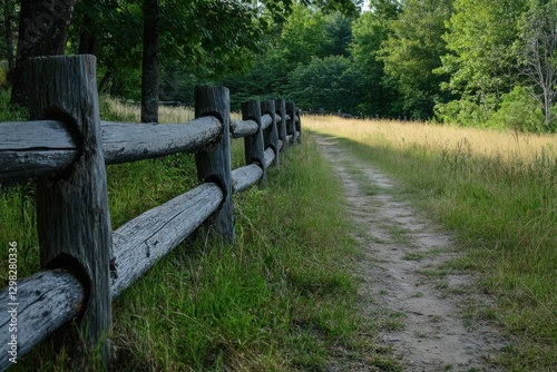 Cades Cove. Blue Country Field with Dirt Trail and Fence in Eastern Appalachia photo