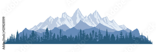 Mountain landscape with forest, morning haze, vector illustration, panoramic view