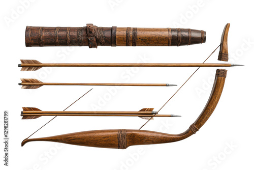 Traditional bow and arrow set displayed on a white background with various arrows arranged artistically photo