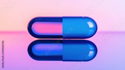 Close-Up of a Single Blue Pill Resting on a Reflective Glass Surface