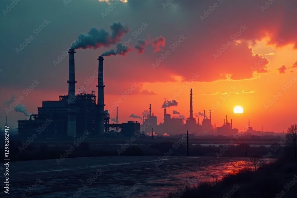 Silhouette of industrial complex at sunset, smoke plumes rising against vibrant sky, reflecting on calm water, showcasing energy production and environmental considerations. Silhouette of industrial complex at sunset, smoke plumes rising against vibrant sky, reflecting on calm water, showcasing energy production and environmental considerations.
