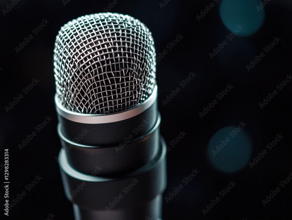 Close up of microphone with ultra fine mesh in dark setting Close up of microphone with ultra fine mesh in dark setting