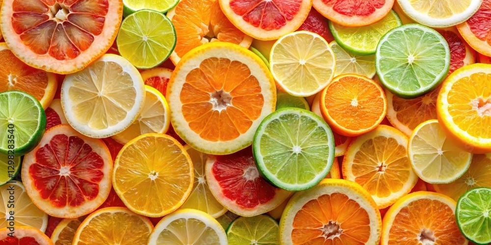 Obraz premium Vibrant Citrus Slices Background Featuring a Colorful Array of Juicy Oranges, Limes, Lemons, and Grapefruits