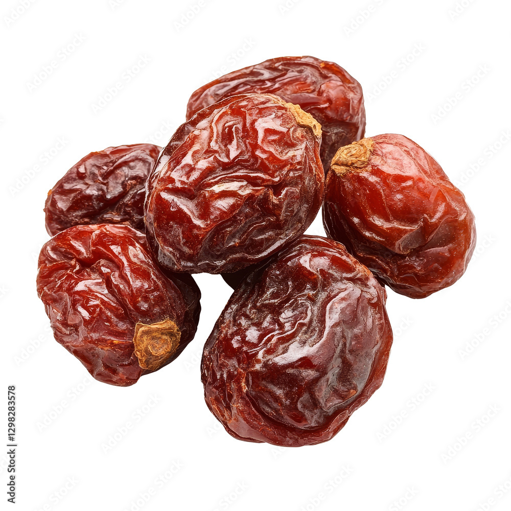 Dried Jujube fruit displayed on a transparent background showcasing their rich color and unique texture, Jujube Chinese dried on transparent background