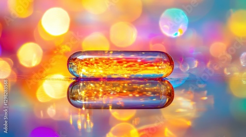 Close-Up of a Single Translucent Gel Capsule on Reflective Surface