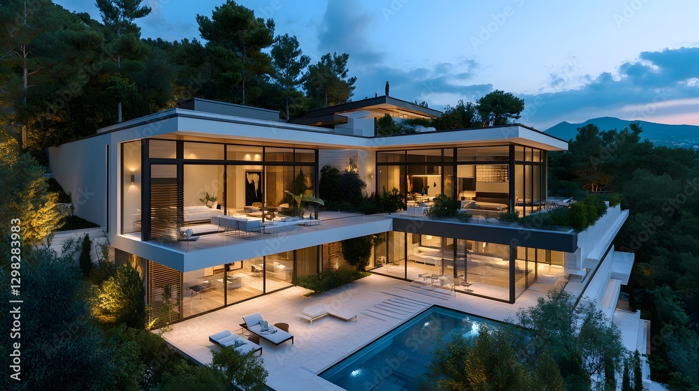 Fototapeta premium Modern Mansion: An eye-level perspective captures a luxurious modern mansion. featuring expansive windows and an inviting outdoor pool. Emitting a sense of opulence and sophisticated living.